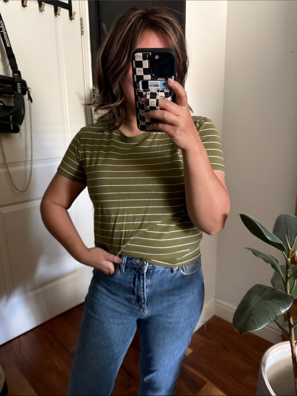 Max Studio Pima Cotton Striped Natural Green Striped Tee. M
